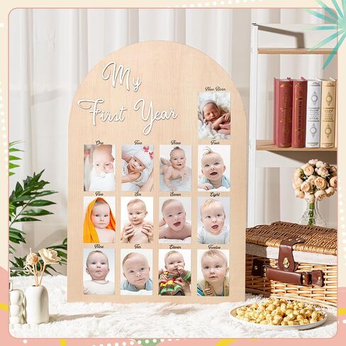 Large My First Year Picture Frame for 4 x 6 Inch Birthday Wooden Photo Board 12 Monthly Photo Display 1st Birthday Decorations Baby Gift for Newborn Keepsake, 33 x 22 Inch in Kuwait