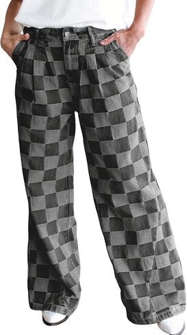 loveimgs Women Baggy Checkered Pants Patterned Denim Wide Leg Jeans Plaid Printed High Waisted Gingham Jeans in Saudi Arabia
