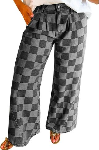loveimgs Women Baggy Checkered Pants Patterned Denim Wide Leg Jeans Plaid Printed High Waisted Gingham Jeans in Saudi Arabia