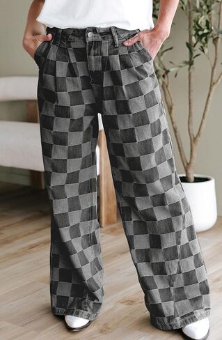 loveimgs Women Baggy Checkered Pants Patterned Denim Wide Leg Jeans Plaid Printed High Waisted Gingham Jeans in Saudi Arabia