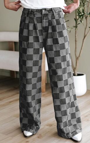 loveimgs Women Baggy Checkered Pants Patterned Denim Wide Leg Jeans Plaid Printed High Waisted Gingham Jeans in Saudi Arabia