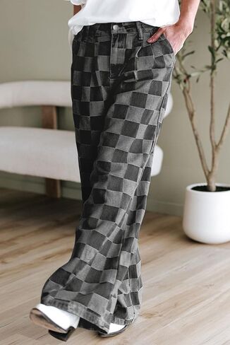 loveimgs Women Baggy Checkered Pants Patterned Denim Wide Leg Jeans Plaid Printed High Waisted Gingham Jeans in Saudi Arabia