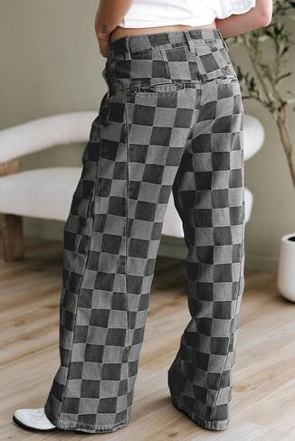 loveimgs Women Baggy Checkered Pants Patterned Denim Wide Leg Jeans Plaid Printed High Waisted Gingham Jeans in Saudi Arabia