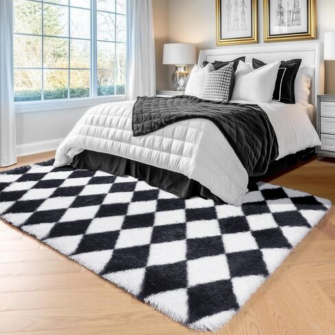 ONASAR Soft Fluffy Black and White Rugs for Bedroom Living Room, 4x6 Plush Fuzzy Comfy Shag Checkered Rug, Anti-Skid Indoor Floor Carpet for Kids Boys Girls Teen Dorm Home Decor Aesthetic Nursery in Saudi Arabia