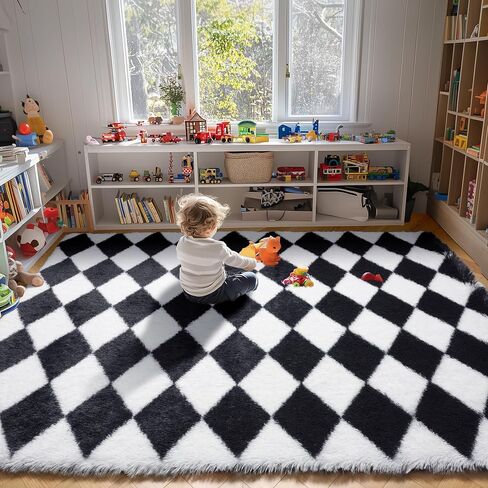ONASAR Soft Fluffy Black and White Rugs for Bedroom Living Room, 4x6 Plush Fuzzy Comfy Shag Checkered Rug, Anti-Skid Indoor Floor Carpet for Kids Boys Girls Teen Dorm Home Decor Aesthetic Nursery in Saudi Arabia