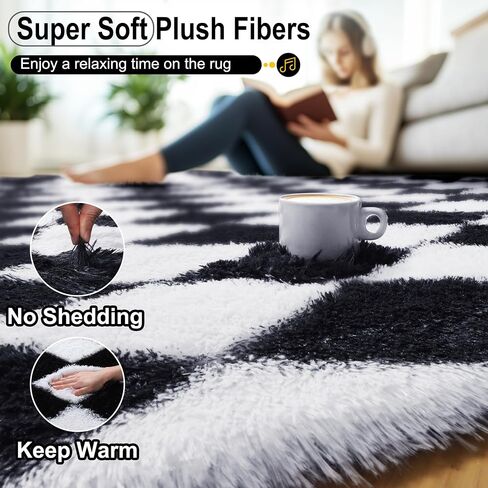 ONASAR Soft Fluffy Black and White Rugs for Bedroom Living Room, 4x6 Plush Fuzzy Comfy Shag Checkered Rug, Anti-Skid Indoor Floor Carpet for Kids Boys Girls Teen Dorm Home Decor Aesthetic Nursery in Saudi Arabia