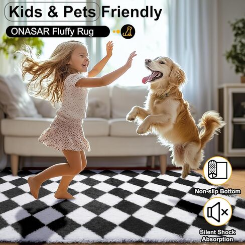 ONASAR Soft Fluffy Black and White Rugs for Bedroom Living Room, 4x6 Plush Fuzzy Comfy Shag Checkered Rug, Anti-Skid Indoor Floor Carpet for Kids Boys Girls Teen Dorm Home Decor Aesthetic Nursery in Saudi Arabia