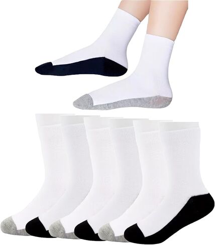 Boys White Crew Dress Socks 6 Pairs Little Kids Boy Girls Seamless School Uniform Daily Comfort Cotton Socks 3-12Y in Kuwait