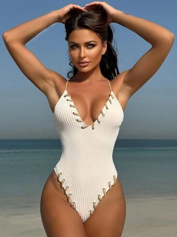 WODECASA Women's V Neck High Cut One Piece Swimsuit Ribbed Criss Cross Tie Back Bathing Suit Monokini in Kuwait