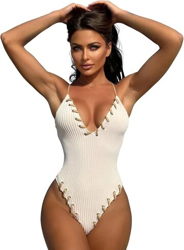 WODECASA Women's V Neck High Cut One Piece Swimsuit Ribbed Criss Cross Tie Back Bathing Suit Monokini in Kuwait