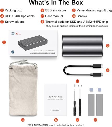 حاوية Qwiizlab بدون مروحة 40 جيجابت في الثانية USB4 M.2 NVMe SSD، تدعم Thunderbolt 4/3 حتى 8 تيرابايت، هيكل ألومنيوم متين، يناسب مقاس 2280/2260/2242/2230، مفتاح B+M M in Kuwait