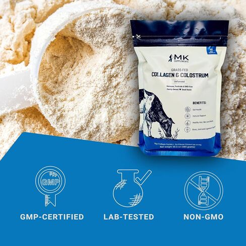 MK Supplements Grass-Fed Collagen & Colostrum Supplement, Chocolate (30 Servings) - Non-GMO, Gluten Free, Supports Gut Health, Immunity, Hair, Skin, Nails, Joints in Kuwait