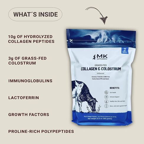 MK Supplements Grass-Fed Collagen & Colostrum Supplement, Chocolate (30 Servings) - Non-GMO, Gluten Free, Supports Gut Health, Immunity, Hair, Skin, Nails, Joints in Kuwait