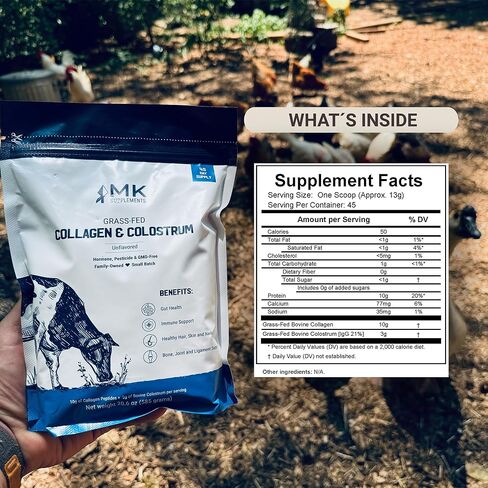MK Supplements Grass-Fed Collagen & Colostrum Supplement, Chocolate (30 Servings) - Non-GMO, Gluten Free, Supports Gut Health, Immunity, Hair, Skin, Nails, Joints in Kuwait