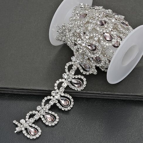 1 Yard Crystal Rhinestone Close Chain Trim, Sparkly Diamond Applique Embellishment for Sewing Craft Decoration, Jewelry DIY, Wedding Cake Bouquet Clothing Accessories (Clear-4) in Kuwait