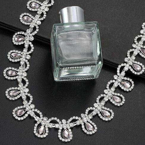 1 Yard Crystal Rhinestone Close Chain Trim, Sparkly Diamond Applique Embellishment for Sewing Craft Decoration, Jewelry DIY, Wedding Cake Bouquet Clothing Accessories (Clear-4) in Kuwait