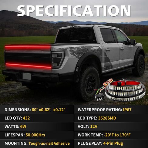 4WDKING شريط إضاءة للسرير الأبيض للشاحنة، 3 قطع شريط LED 60 بوصة، 270 مصباح LED نيون، IP68 مقاوم للماء، كابل تمديد لشاحنة بيك اب كامبر RV SUV Boat in Kuwait