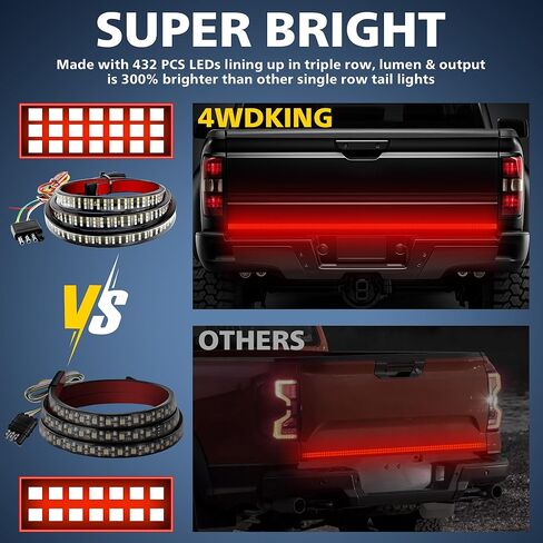 4WDKING شريط إضاءة للسرير الأبيض للشاحنة، 3 قطع شريط LED 60 بوصة، 270 مصباح LED نيون، IP68 مقاوم للماء، كابل تمديد لشاحنة بيك اب كامبر RV SUV Boat in Kuwait