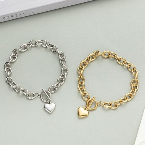 14K Gold Silver Tone Women’s Heart Charm Bracelets Toggle Clasp Stainless Steel Link Bracelet Minimalist Jewelry 7.5" in Saudi Arabia