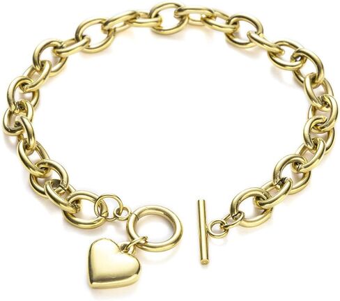 14K Gold Silver Tone Women’s Heart Charm Bracelets Toggle Clasp Stainless Steel Link Bracelet Minimalist Jewelry 7.5" in Saudi Arabia