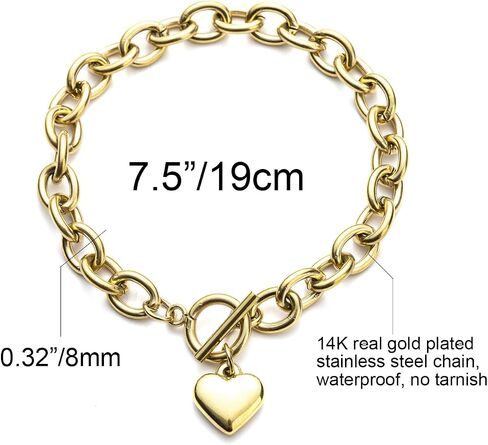14K Gold Silver Tone Women’s Heart Charm Bracelets Toggle Clasp Stainless Steel Link Bracelet Minimalist Jewelry 7.5" in Saudi Arabia