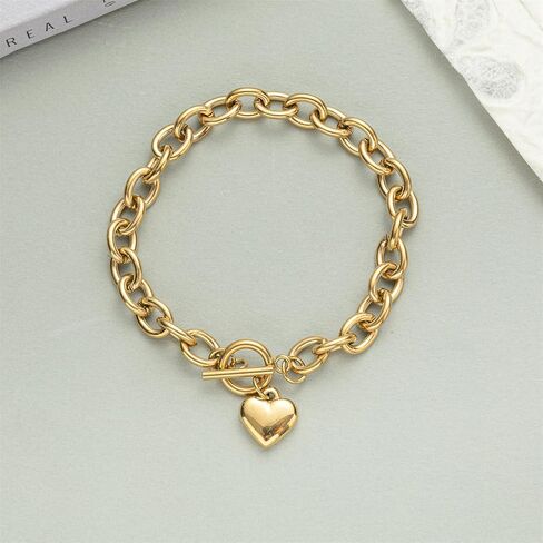 14K Gold Silver Tone Women’s Heart Charm Bracelets Toggle Clasp Stainless Steel Link Bracelet Minimalist Jewelry 7.5" in Saudi Arabia