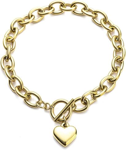 14K Gold Silver Tone Women’s Heart Charm Bracelets Toggle Clasp Stainless Steel Link Bracelet Minimalist Jewelry 7.5" in Saudi Arabia