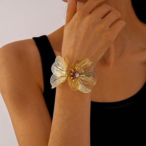 Gold Flower Bracelet for Women,Boho Crystal Flowers Hollowed Out Adjustable Bracelets Statement Irregular CZ Bracelet Bride Wedding Classic Jewelry in Saudi Arabia