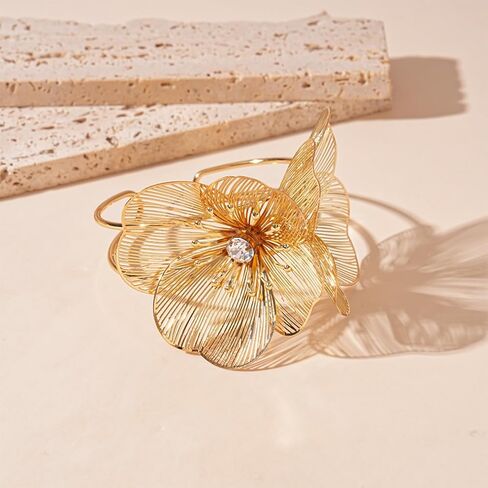 Gold Flower Bracelet for Women,Boho Crystal Flowers Hollowed Out Adjustable Bracelets Statement Irregular CZ Bracelet Bride Wedding Classic Jewelry in Saudi Arabia