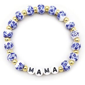 TTYY Blue White Beads Porcelain Bracelet GIGI NANA Birthday Gifts Vintage Stretch Bracelets Mother's Day for Mom and Grandma in Kuwait