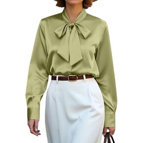 CBOO Women's Bow Tie Neck Button Down Shirts Silk Blouses Long Sleeve Elegant Satin Blouse Casual Dressy Business Tops in Saudi Arabia