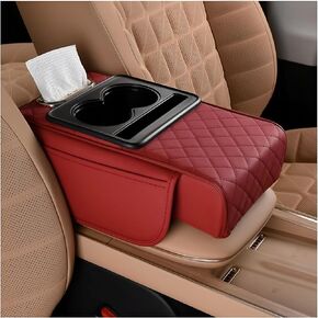 Car Center Console Armrest Pillow, Memory Foam Leather 4 in 1 Vehicle Arm Rest Cover with Tissue Box 2 Side Storage Bag Cup & Phone Holder, Auto Armrest Cushion, Universal Fit (Wine Red) in Kuwait