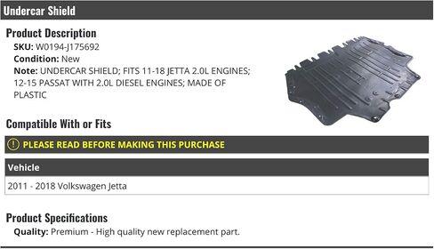 درع Undercar Lower Lower - متوافق مع 2011-2018 Volkswagen Jetta 2.0L in Saudi Arabia