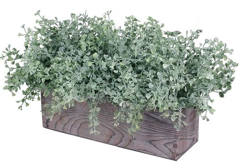 Artificial Flocked Eucalyptus Greenery in Rustic Rectangular Wood Planter Box Greenery Arrangement Potted Plant in Dusty Green for Wedding Centerpiece Office Room Table Windowsill Décor in Saudi Arabia