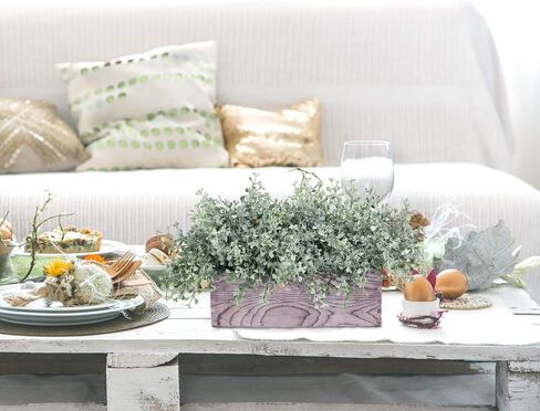 Artificial Flocked Eucalyptus Greenery in Rustic Rectangular Wood Planter Box Greenery Arrangement Potted Plant in Dusty Green for Wedding Centerpiece Office Room Table Windowsill Décor in Saudi Arabia