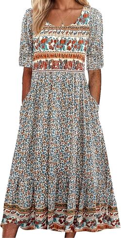 Women's Boho Floral Maxi Dress Casual Boho 2025 Summer Short Sleeve Beach Dresses with Pockets in Kuwait