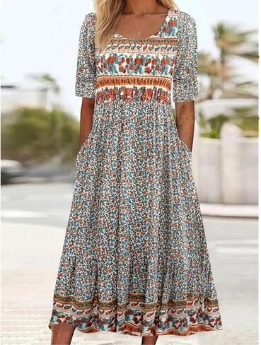 Women's Boho Floral Maxi Dress Casual Boho 2025 Summer Short Sleeve Beach Dresses with Pockets in Kuwait