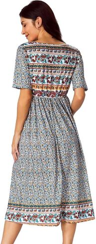 Women's Boho Floral Maxi Dress Casual Boho 2025 Summer Short Sleeve Beach Dresses with Pockets in Kuwait