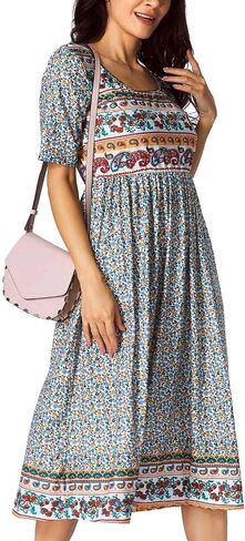 Women's Boho Floral Maxi Dress Casual Boho 2025 Summer Short Sleeve Beach Dresses with Pockets in Kuwait