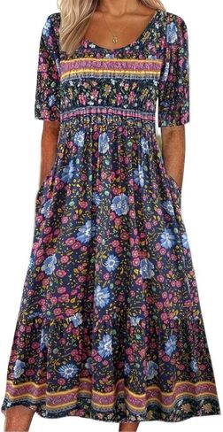 Women's Boho Floral Maxi Dress Casual Boho 2025 Summer Short Sleeve Beach Dresses with Pockets in Kuwait
