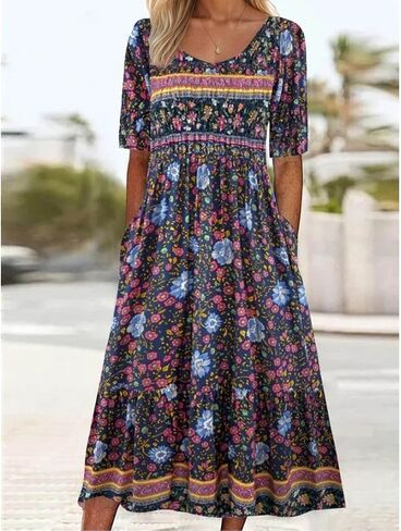 Women's Boho Floral Maxi Dress Casual Boho 2025 Summer Short Sleeve Beach Dresses with Pockets in Kuwait