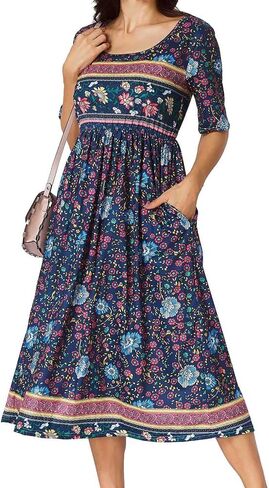 Women's Boho Floral Maxi Dress Casual Boho 2025 Summer Short Sleeve Beach Dresses with Pockets in Kuwait