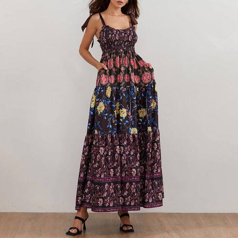 NUFIWI Women Boho Graffiti Cami Long Long Graphic Spaghetti Strap Flowy Maxi Dress Square Dep in Saudi Arabia