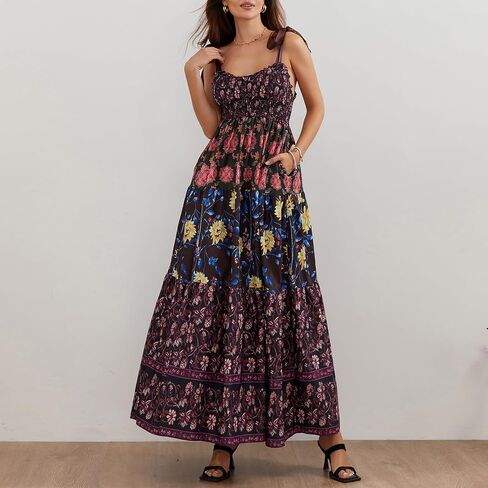 NUFIWI Women Boho Graffiti Cami Long Long Graphic Spaghetti Strap Flowy Maxi Dress Square Dep in Saudi Arabia