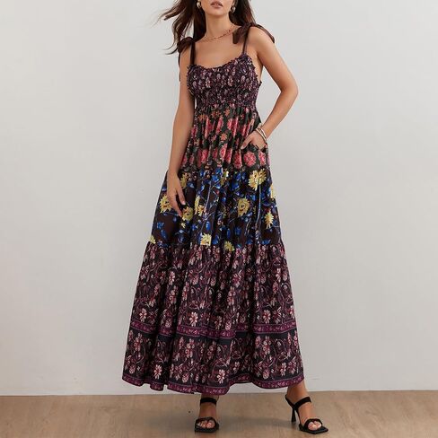 NUFIWI Women Boho Graffiti Cami Long Long Graphic Spaghetti Strap Flowy Maxi Dress Square Dep in Saudi Arabia