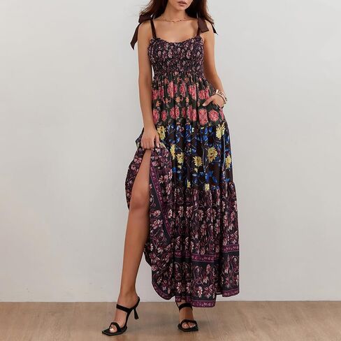NUFIWI Women Boho Graffiti Cami Long Long Graphic Spaghetti Strap Flowy Maxi Dress Square Dep in Saudi Arabia