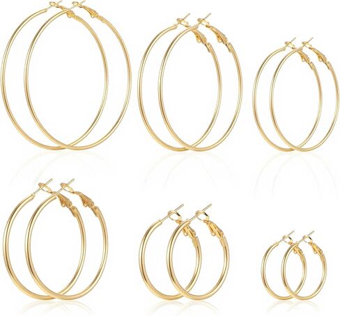 6 أزواج غير مشوهة الأطواق الذهبية الرقيقة للنساء 6 أحجام من الذهب جولد مقاوم للماء أقراط النساء خفيفة الوزن الأطواق اللطيفة مجموعة مناسبة للسيدات عيد ميلاد مهرجان زفاف مهرجان in Kuwait