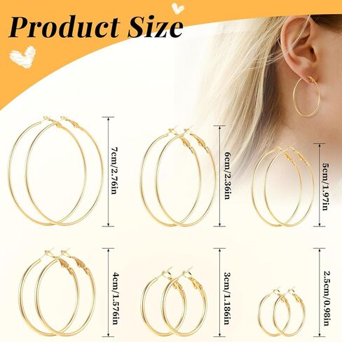 6 أزواج غير مشوهة الأطواق الذهبية الرقيقة للنساء 6 أحجام من الذهب جولد مقاوم للماء أقراط النساء خفيفة الوزن الأطواق اللطيفة مجموعة مناسبة للسيدات عيد ميلاد مهرجان زفاف مهرجان in Kuwait