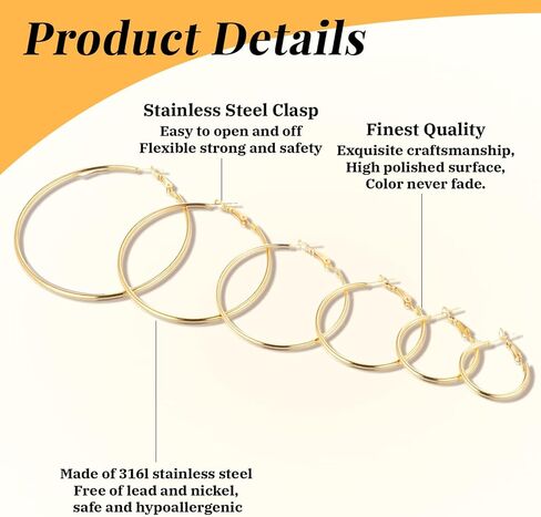 6 أزواج غير مشوهة الأطواق الذهبية الرقيقة للنساء 6 أحجام من الذهب جولد مقاوم للماء أقراط النساء خفيفة الوزن الأطواق اللطيفة مجموعة مناسبة للسيدات عيد ميلاد مهرجان زفاف مهرجان in Kuwait