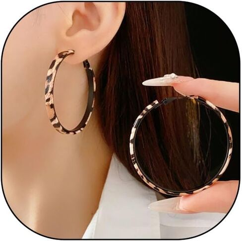 Leopard Print Earrings Large Hoop Circle Earrings for Women Vintage Animal Print Earrings Black Chunky Big Round Huggie Hoops Earrings Fashion Statement Earrings in Saudi Arabia
